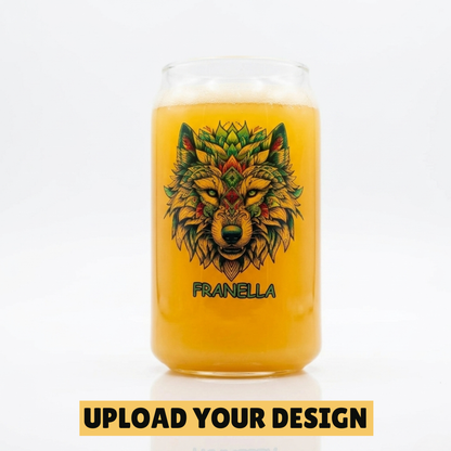 Personalised 475ml beer can glass with custom uploaded mandala wolf design and name, unique craft beer gift