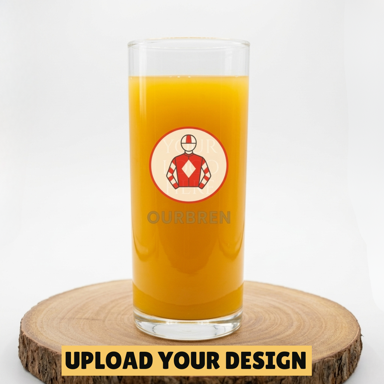 Personalised 568ml Senator pint glass with custom uploaded horse racing jockey design on wooden board, unique beer gift
