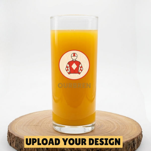 Personalised 568ml Senator pint glass with custom uploaded horse racing jockey design on wooden board, unique beer gift