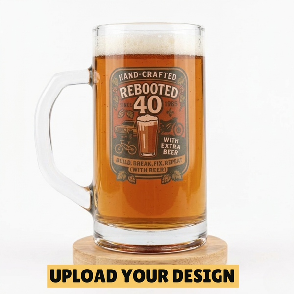 Personalised 640ml oversized glass beer mug with custom uploaded Rebooted 40 birthday design filled with golden beer