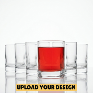 Personalised 65ml wide base shot glasses set with one filled with red drink, unique custom printed party gift for him or her