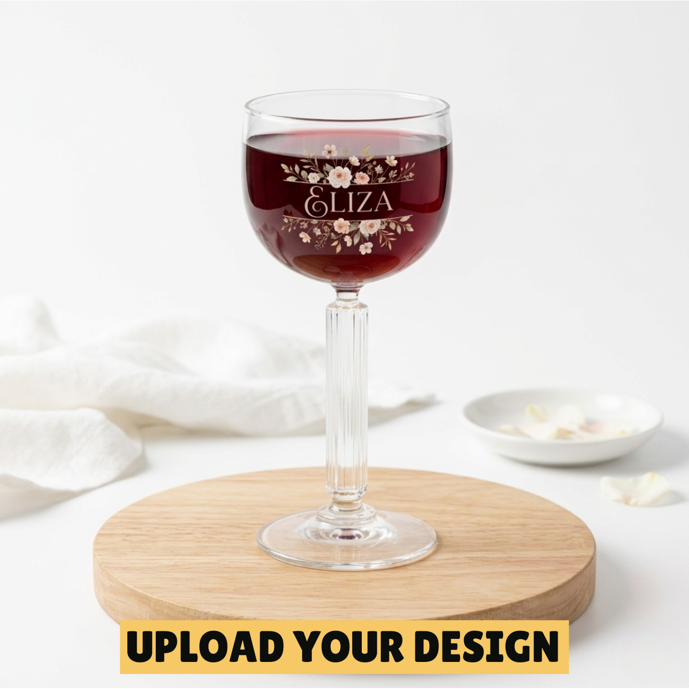 Personalised Art Deco wine and cocktail glass with custom printed floral name design on wooden board, unique gift for her