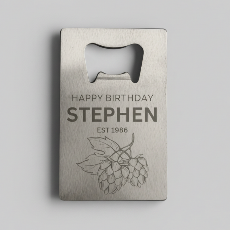Personalised stainless steel credit card bottle opener laser engraved with name, birth year and hop cluster design