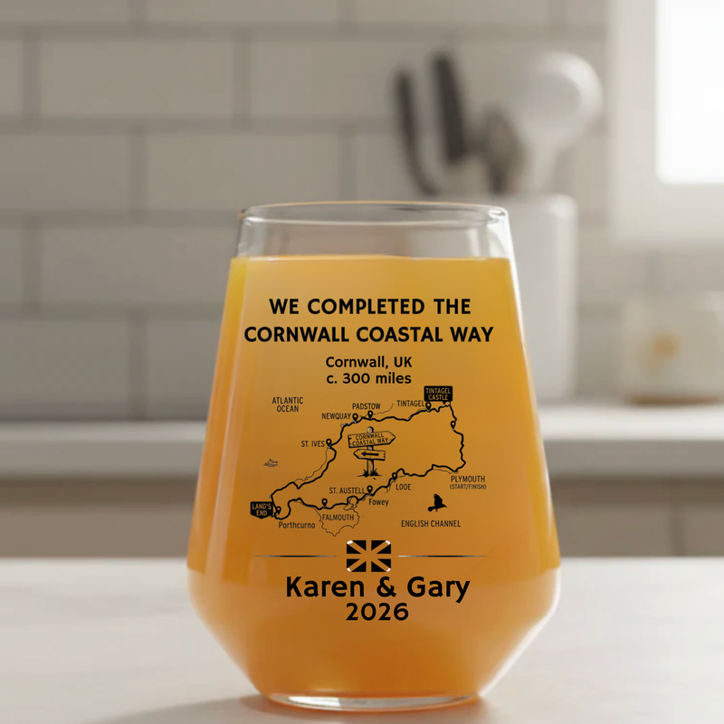 Personalised Cornwall Coast Path completion glass with custom printed route map