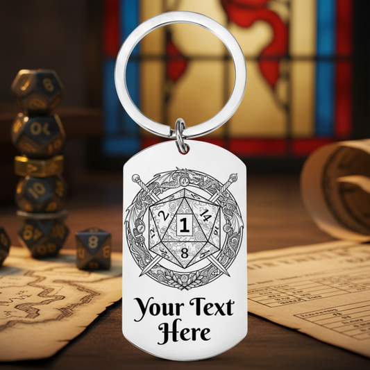Personalised Dungeons and Dragons keyring featuring an ornate d20 die design surrounded by crossed swords and fantasy detailing, with space for custom text engraving"
