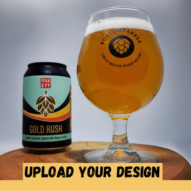 Personalised 480ml stemmed tulip beer glass with custom uploaded Brewing Company design filled with golden ale