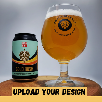 Personalised 480ml stemmed tulip beer glass with custom uploaded Brewing Company design filled with golden ale