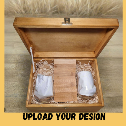 Personalised Wooden Gift Box with 2 Bamboo Coasters & Custom Glassware – Upload Your Own Design