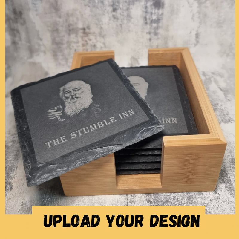 Personalised Upload Your Own Logo Slate Coasters - Pack of Six with Wooden Holder - Custom Coaster - Gift For Him or Her - Home Bar -  Housewarming Gift - Birthday, Anniversary Gift FirstGlassDesigns