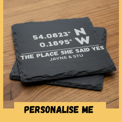 Personalised slate coasters with engraved GPS coordinates and custom names - wedding engagement gift