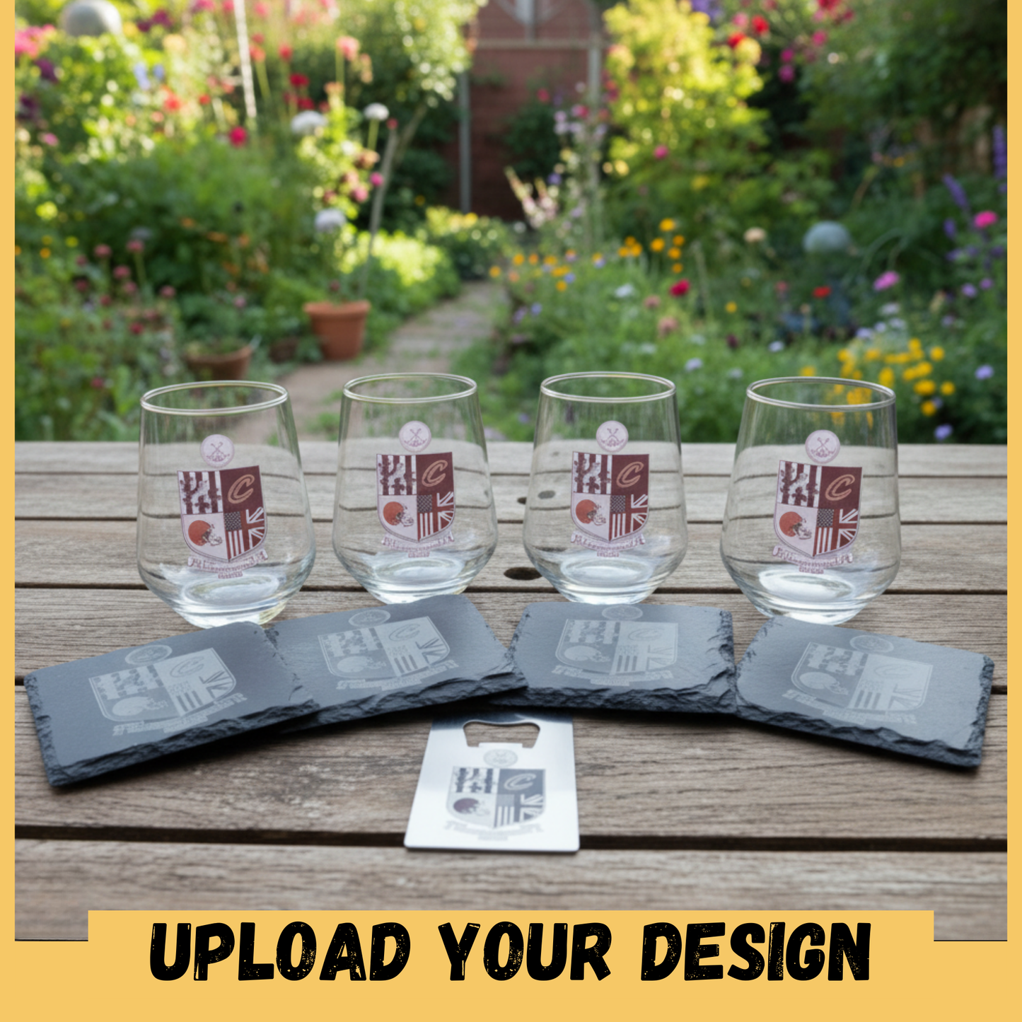 personalised home bar beer glass set with upload logo custom glasses coasters and bottle opener