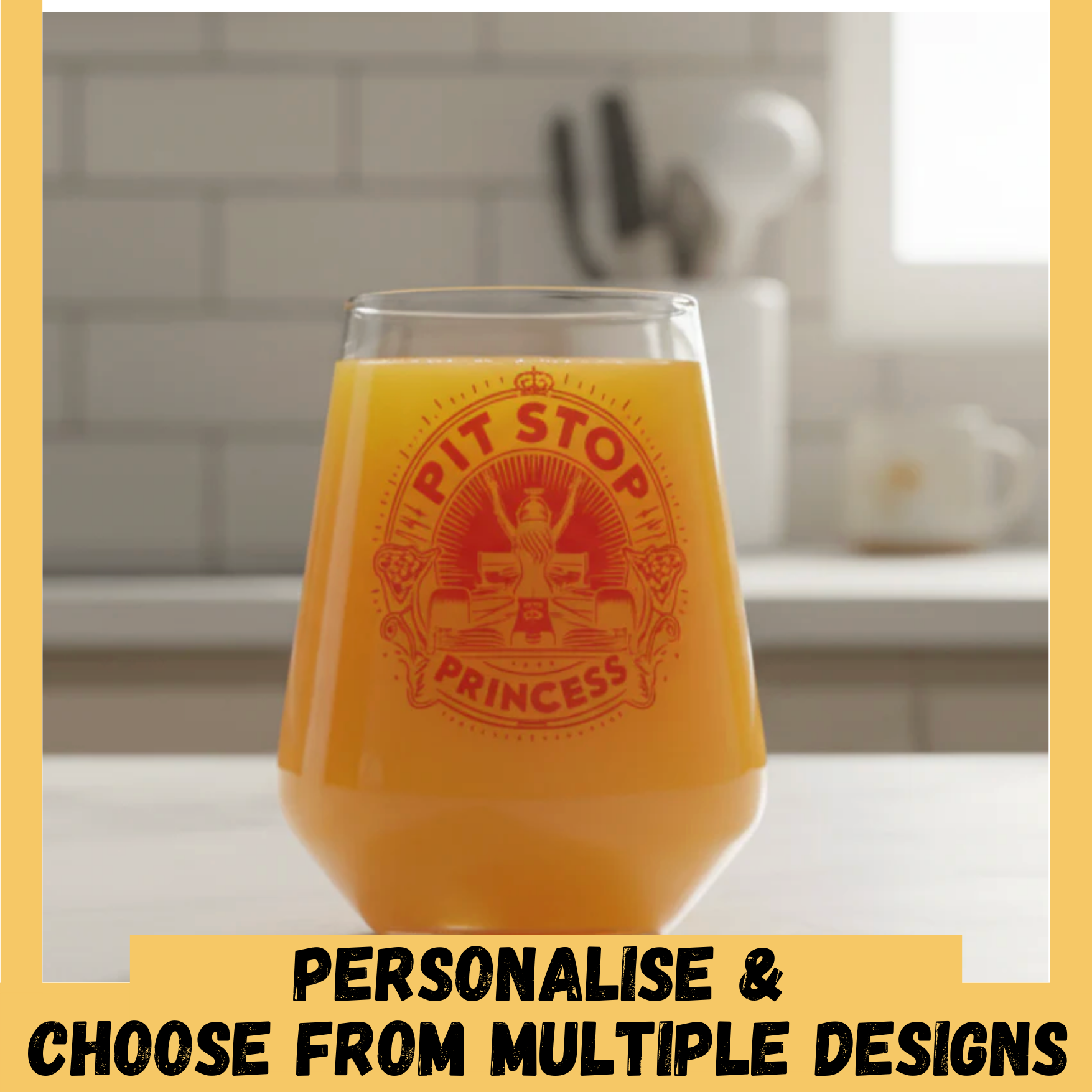 Pit Stop Princess personalised racing can glass — winged goddess design, 500ml