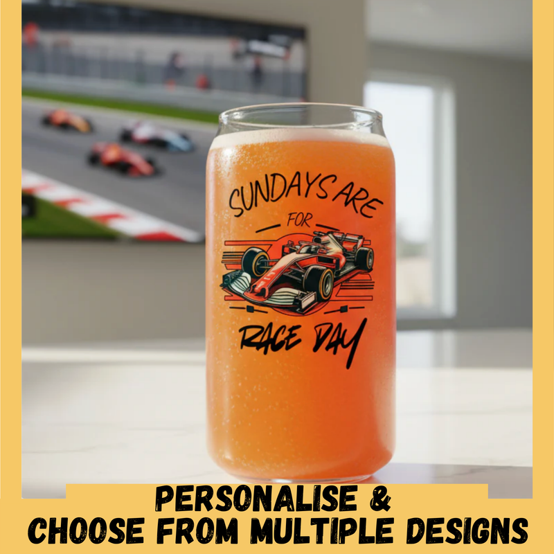 Sundays Are For Race Days — Personalised Racing Can Glass | Motorsport Gift FirstGlassDesigns