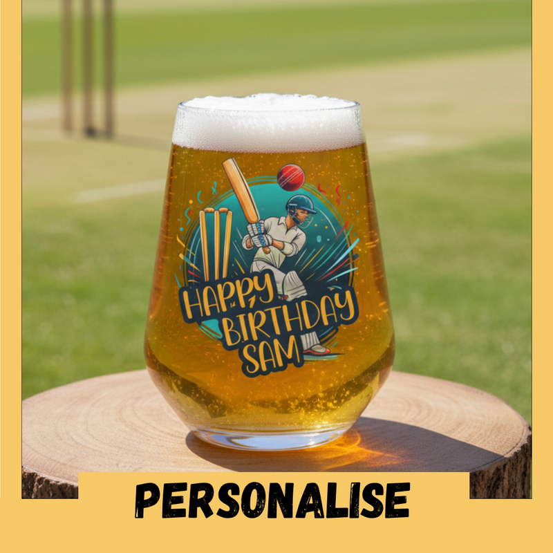 Cricket Gift For Men - Personalised Beer Tumbler Glass, Birthday cricket gift for men Dad Boyfriend FirstGlassDesigns