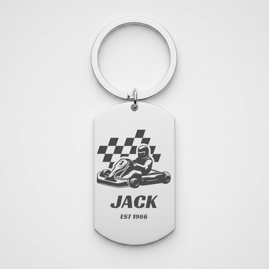 ersonalised Birthday Keyring | Laser Engraved Go-Karting First Glass Designs