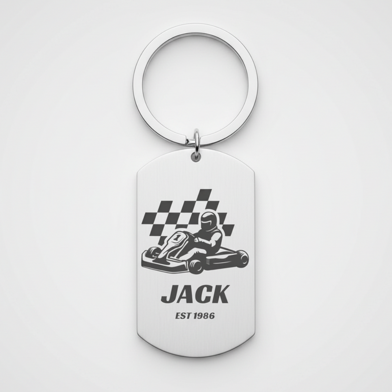 ersonalised Birthday Keyring | Laser Engraved Go-Karting First Glass Designs