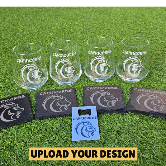 Personalised Home Bar Gift Set | 4 Stemless Beer Glasses Coasters Opener First Glass Designs
