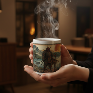 Personalised Japanese Oni demon samurai mug with landscape design, unique gift for him