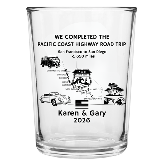 Personalised Pacific Coast Highway glass with custom printed route map
