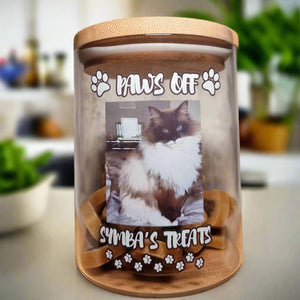 Personalised Pet Dog Cat Treat Jar, Upload an image of your pet, Custom Engraved Pet Storage Food Jar 