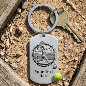 Personalised tennis stainless steel dog tag keychain featuring a tennis design and the option to add your own text