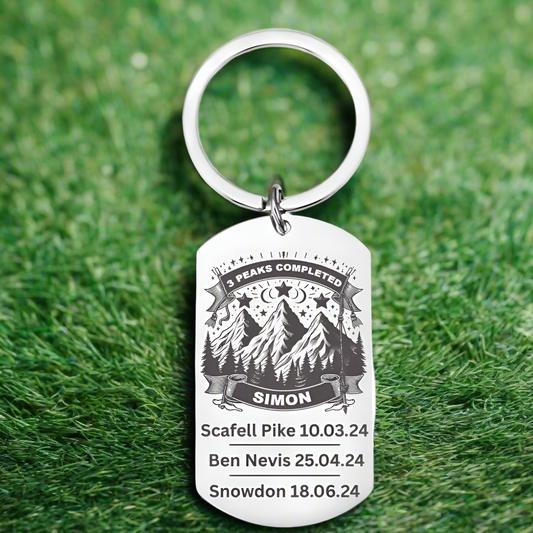 Personalised Three Peaks Challenge Keyring – Custom Name & Date – 3 Peaks Hiker Gift – Ben Nevis, Scafell Pike, Snowdon Achievement Keepsake