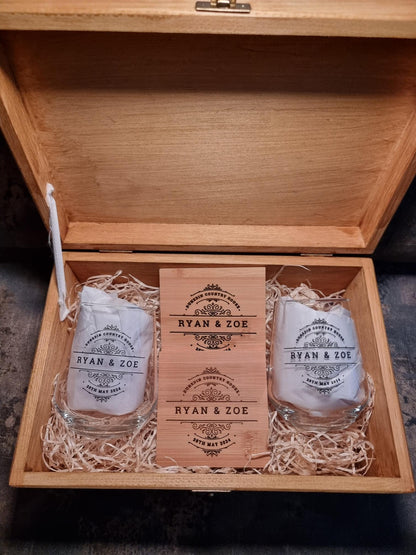 Unique Wedding Gift Box Set, personalised bespoke gift for bride and groom, toast glasses and keepsake box 