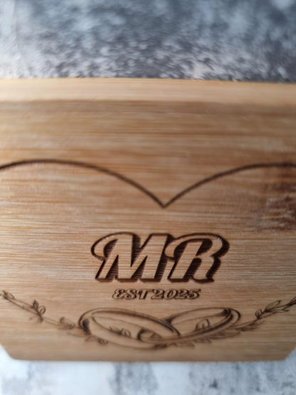 Personalised anniversary coasters gift for couple – bamboo and slate options