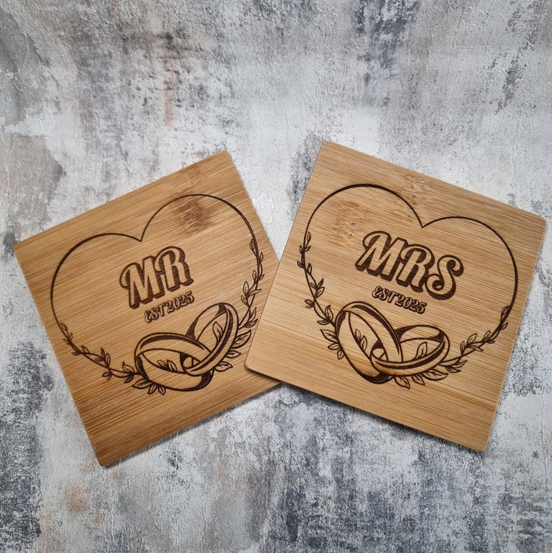   Personalised bamboo wedding anniversary coasters engraved with Mr & Mrs