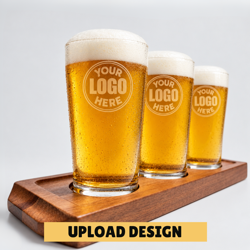 Personalised beer flight paddle set with wooden serving board and three matching custom printed glasses