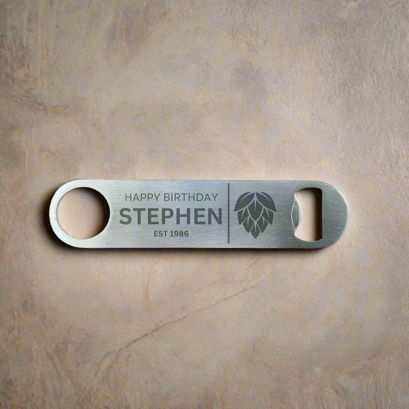 Personalised birthday bar blade, beer hop bottle opener, kitchen untensil, 18th 21st 30th 40th 50th 60th small birthday gift