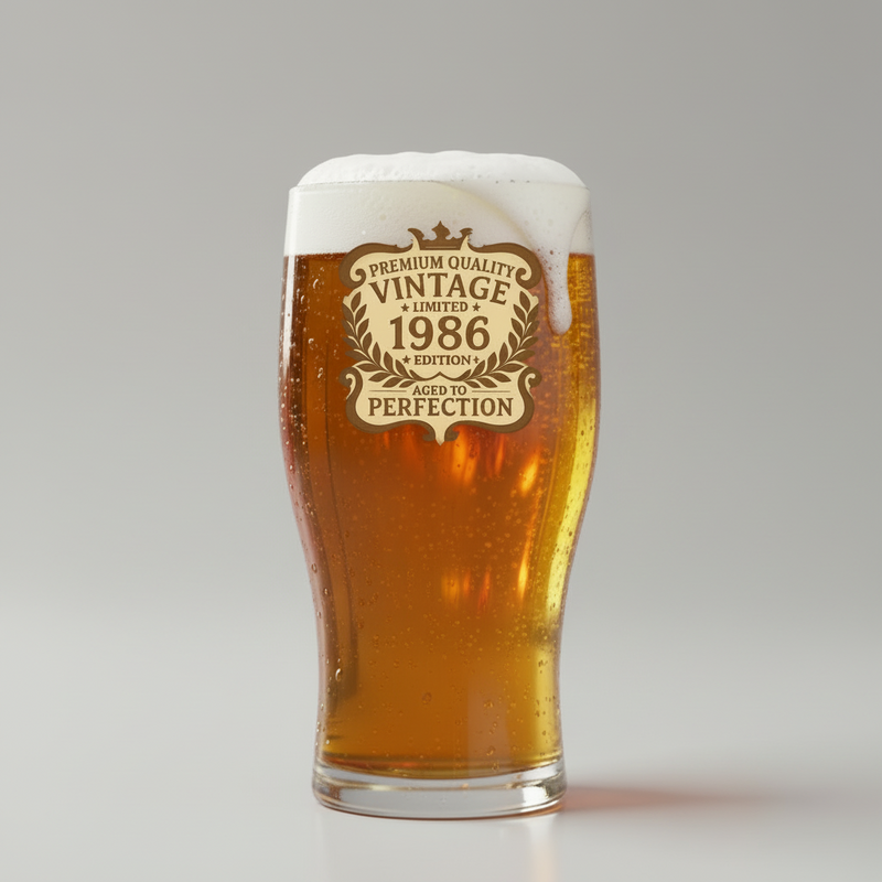 A pint glass filled with golden beer and topped with white foam, featuring a printed vintage-style label that reads 'Premium Quality Vintage 1986 Edition Ages to Perfection' on a light gray studio background.