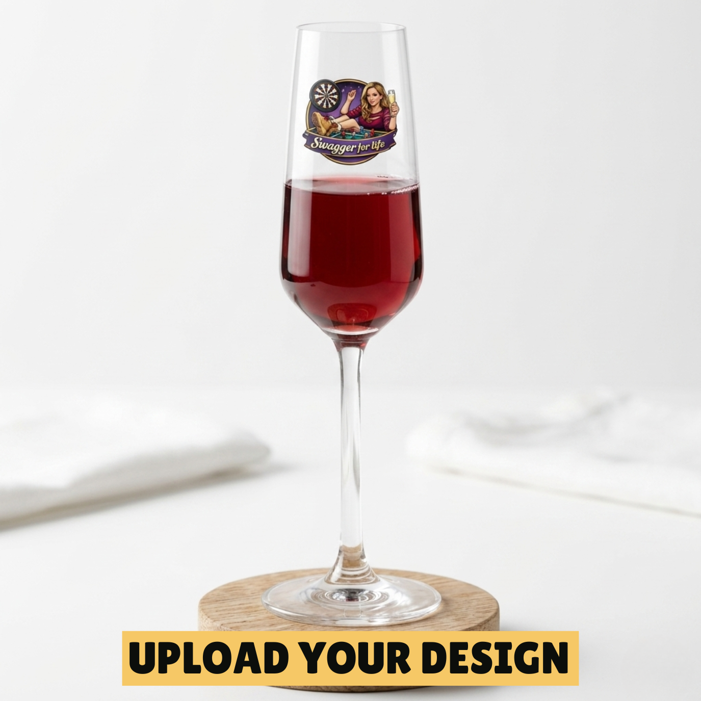 Personalised champagne flute with custom uploaded design on wooden coaster, unique wedding and birthday gift for her