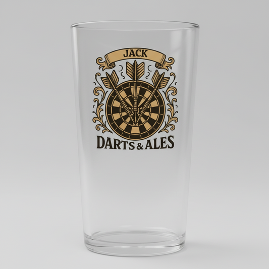 Personalised darts beer glass, custom printed with dartboard design, darts and Darts & Ales banner