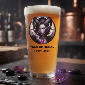 Personalised gothic fantasy pint glass custom printed with dark 
horned figure illustration and glowing purple eyes with optional 
text below on white background
