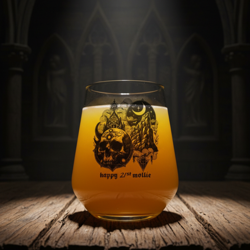 Personalised gothic skull beer glass with custom 21st birthday name, dark alternative design