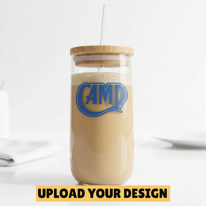 Personalised iced coffee glass with bamboo lid and glass straw with custom printed design, unique gift for coffee lovers