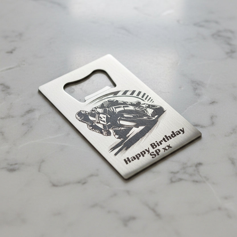 Bottle opener with motorcycle design and 'Happy Birthday SP xx' text on a white background
