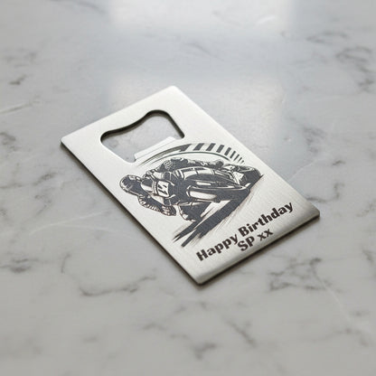 Bottle opener with motorcycle design and 'Happy Birthday SP xx' text on a white background