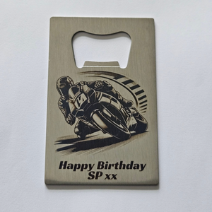 Personalised motorcycle bar blade laser engraved stainless steel with bold moto racer corner illustration and personalised birthday text on brushed steel finish