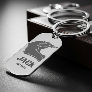 Personalised stainless steel dog tag keyring with laser engraved MX helmet design and custom text