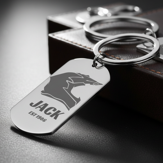 Personalised stainless steel dog tag keyring with laser engraved MX helmet design and custom text