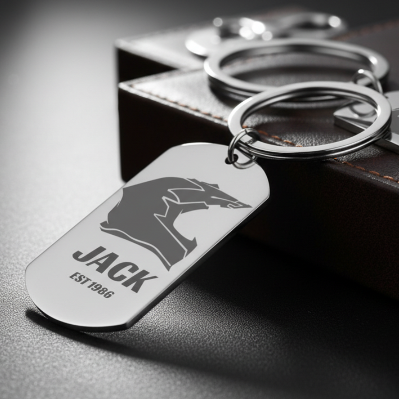 Personalised stainless steel dog tag keyring with laser engraved MX helmet design and custom text
