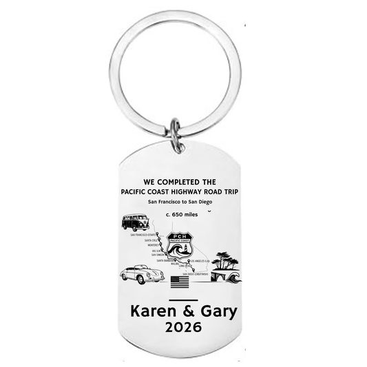 Pacific Coast Highway keyring showing route from San Francisco to San Diego