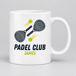 Personalised padel mug custom printed with crossed rackets, tennis balls and the wording Padel Club James