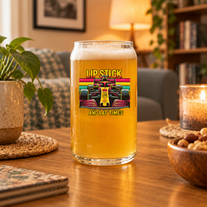 Personalised racing can glass custom printed with a motorsport car illustration and the wording Lip Stick and Lap Times