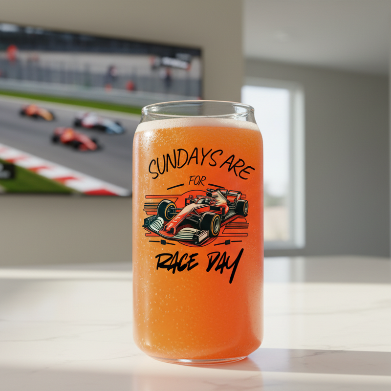 Personalised racing can glass custom printed with a race car illustration and the wording Sundays Are For Race Day