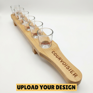 Personalised shot glass paddle set with six custom printed glasses on laser engraved bamboo paddle, unique party and corporate gift
