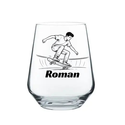 Personalised skate park stemless beer glass custom printed with 
detailed urban skateboarder sketch scene and city skyline with 
personalised name below on white background