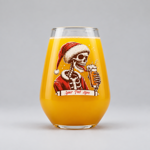 Personalised skeleton Santa stemless glass custom printed with a skeleton in a Santa suit drinking beer and custom wording banner